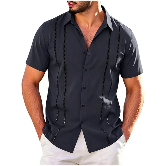 SHTXOZHI Men's Cuban Guayabera Shirt Short Sleeve Button Down Plus Size Shirts Wedding Summer Beach Tops