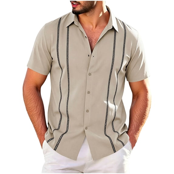 SHTXOZHI Men's Cuban Guayabera Shirt Short Sleeve Button Down Plus Size Shirts Wedding Summer Beach Tops
