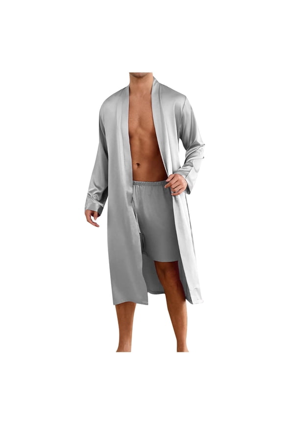 Men's Robe with Shorts 2 Pieces Silk Pajama Set Lightweight Satin Bathrobe Soft Sleepwear