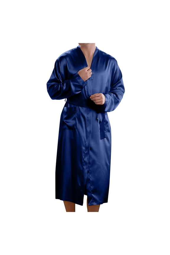 Men's Satin Robe Silk Bathrobe Soft Sleepwear Solid Color Long Loungewear with Pocket