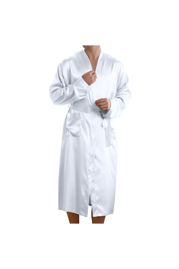 Men's Satin Robe Silk Bathrobe Soft Sleepwear Solid Color Long Loungewear with Pocket