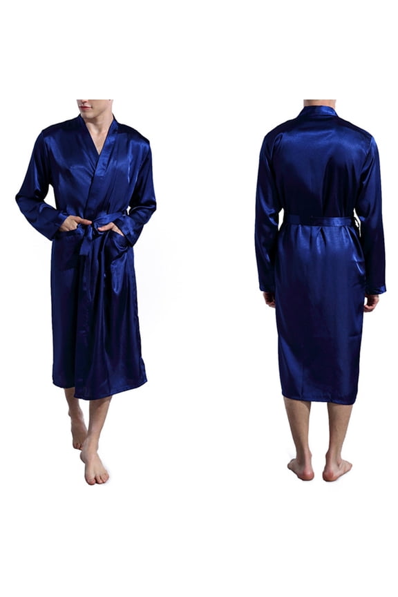 Men's Silk Satin Bathrobe Lightweight Spa House Soft Robe Sleepwear Loungewear with Pocket