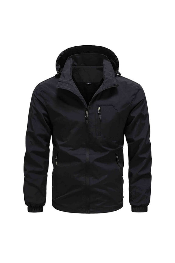 Men's Windbreaker Jacket Full Zip Up Hooded Coat Long Sleeve Outdoor Outwear with Pockets
