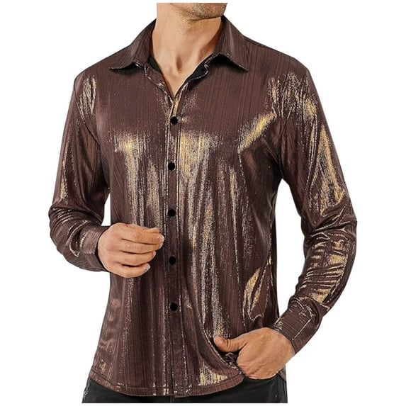 SHTXOZHI Mens Disco Shirt Long Sleeve Button Down Vintage Sequin Metallic Party Shirt Top
