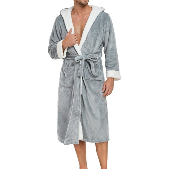 SHTXOZHI Mens Flannel Robe Fleece Plush Spa Bathrobe with Pockets & Belt Warm House Coat