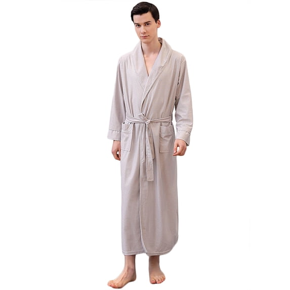 SHTXOZHI Mens Knee Length Bathrobe Long Sleeve Adjustable Tie Belt Robes Breathable Long Sleepwear Textured Homewear