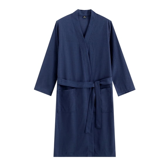 SHTXOZHI Mens Long Sleeve Robes Adjustable Tie Belt Bathrobe V-Neck Spa Robe Winter Textured Sleepwear with Pocket
