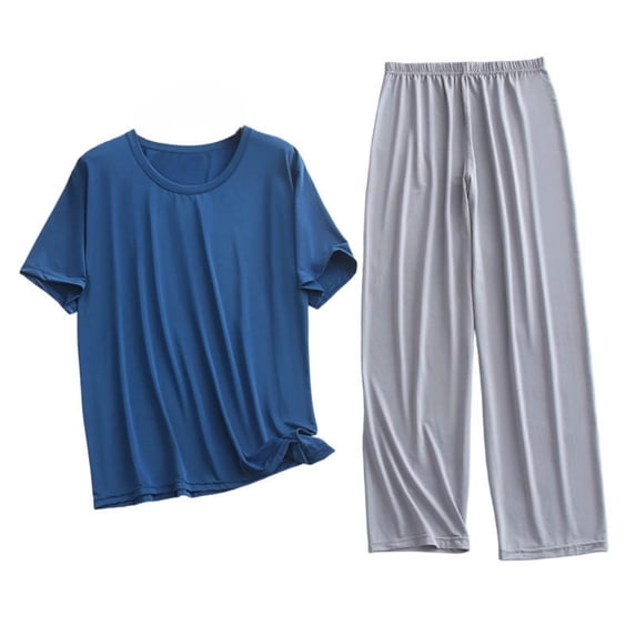 SHTXOZHI Mens Pajamas Sets 2 Piece Outfits Short Sleeve Sleepwear Soft Loungewear Pants Plus Size Loose Homewear
