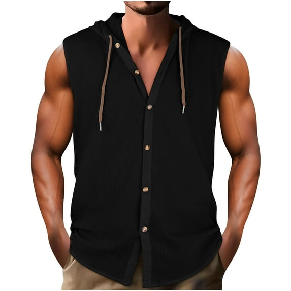SHTXOZHI Mens Sleeveless/Short Sleeve Hoodies Drawstring Button Down Beach Shirt Summer Casual Tops