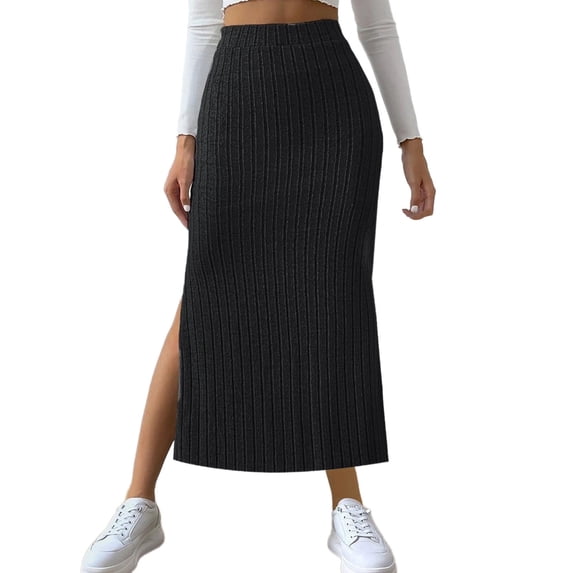 SHTXOZHI Midi Skirt for Women High Waisted Knitted A-Line Solid Color Casual Skirt with Slit