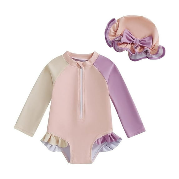 SHTXOZHI Newborn Baby Girl Swimsuit Long Sleeve Zipper Bathing Suit with Hat Cute Beachwear