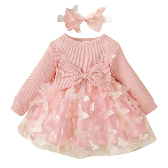 SHTXOZHI Newborn Infant Baby Outfits Toddler Long Sleeve Bowknot Tulle Dress Headband 2Pcs Set