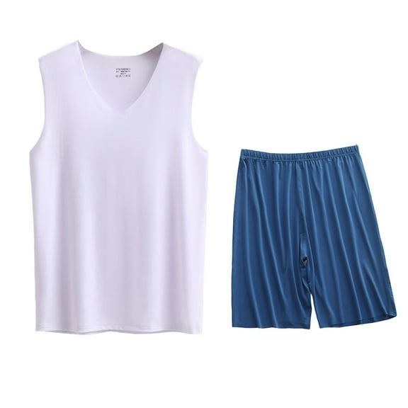 SHTXOZHI Pajamas for Men Sets 2 Piece Sleeveless V Neck Tank Tops Shorts Soft Pjs Sleepwear