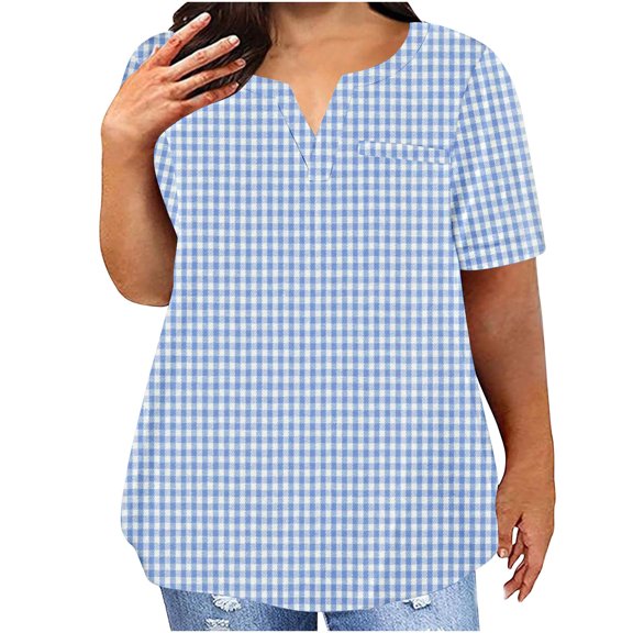 SHTXOZHI Plus Sise Tops for Women Summer V Neck Color Block Blouses Trendy Short Sleeve Shirts