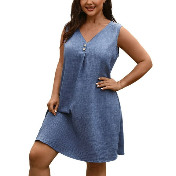 SHTXOZHI Plus Size Summer Dress for Women Sleeveless Button V Neck A-Line Solid Color Short Dress