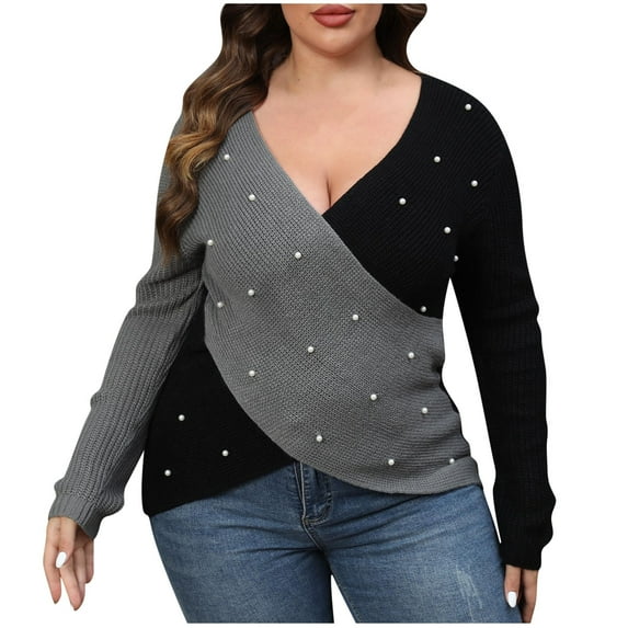 SHTXOZHI Plus Size Sweaters for Women Long Sleeve V Neck Color Block Fall Pullover Trendy Winter Tops