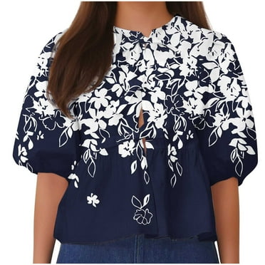 SHTXOZHI Print Blouses for Women Summer Casual Babydoll Tops Crewneck Puff Sleeve Shirts 2024