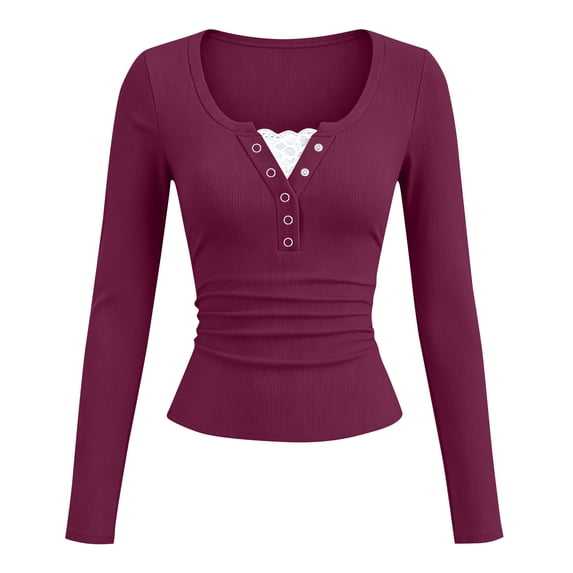 SHTXOZHI Ribbed Long Sleeve Tops for Women Lace Trim Fitted Dressy Shirts Solid Color Casual Work Base Layer