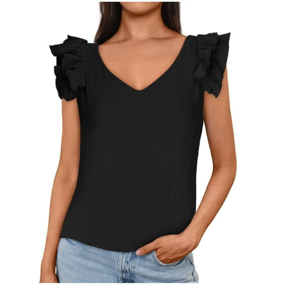 SHTXOZHI Ruffle Sleeve Tops for Women V Neck Solid Color Blouses Casual Summer Shirts Trendy