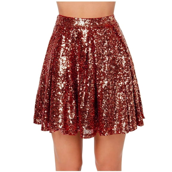SHTXOZHI Sequin Skirt for Women High Waisted Sparkly Glitter A-Line Ruffle Casual Dance Skirt