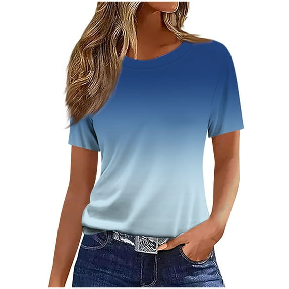 SHTXOZHI Short Sleeve Tops for Women Crewneck Summer Casual T-Shirts Gradient Color Fashion Tees