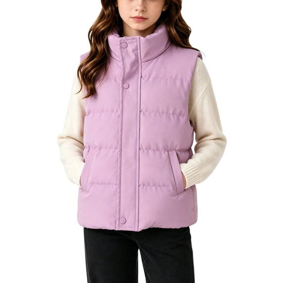 SHTXOZHI Sleeveless Jackets for Girls Zipper Button Up Mock Neck Outerwear Winter Casual School Uniform Warm Tops