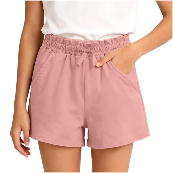 SHTXOZHI Solid Color Shorts for Girls Elastic High Waisted Shorts Cute Tie Casual School Uniform Shorts with Pockets