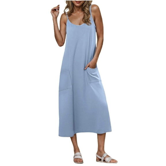 SHTXOZHI Spaghetti Strap Dresses for Women Summer Sleeveless Casual Beach Sundress with Pockets