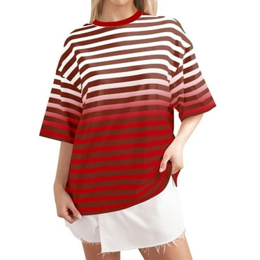 SHTXOZHI Striped Shirt Women Short Sleeve Crewneck Tops Color Block Casual Loose Summer Tees