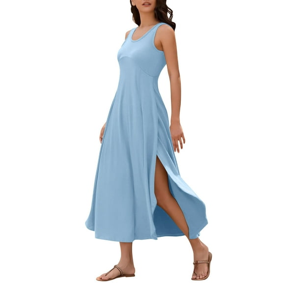 SHTXOZHI Summer Dresses for Women Sleeveless A-Line Side Slit Beach Casual Long Sundresses