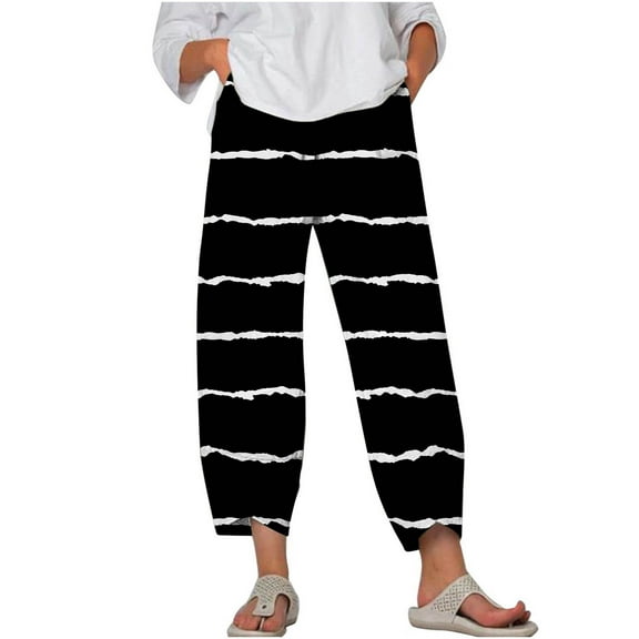 SHTXOZHI Summer Pants for Women Casual Print Capri Pants with Pockets Elastic Waist Wide Leg Trousers