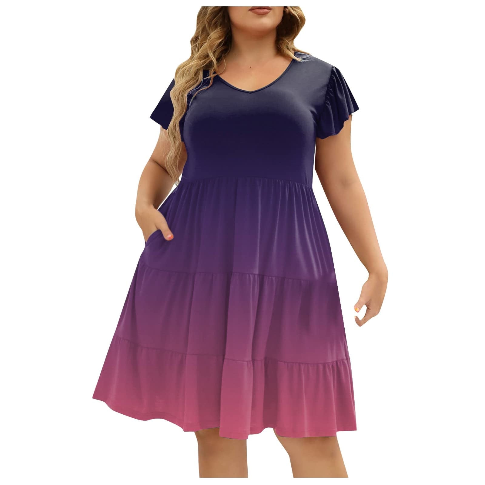 All-Over Print Women’s Stacked Hem Dress With Short Sleeve（Plus Size） main image 1
