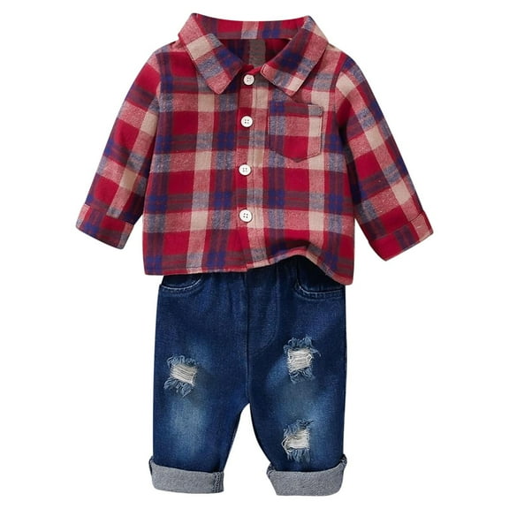 SHTXOZHI Toddler Baby Boy Girl 2Pcs Set Long Sleeve Button Down Plaid Shirts Denim Pants Outfit