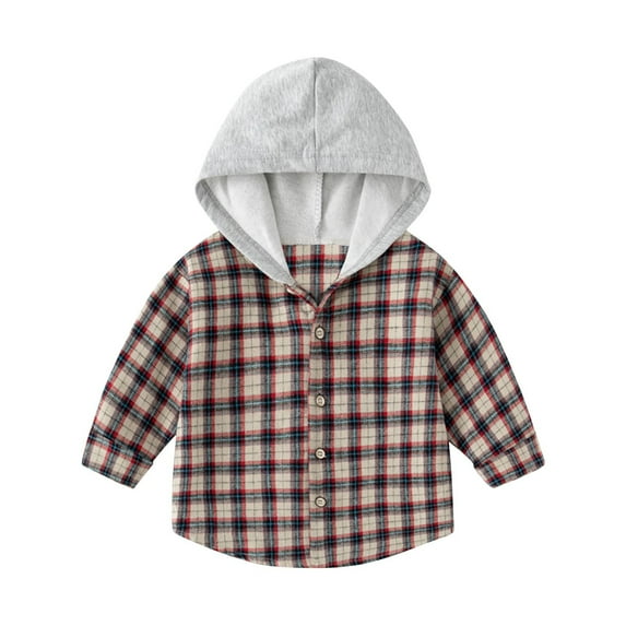 SHTXOZHI Toddler Baby Boy Girl Hooded Coat Plaid Long Sleeve Button Down Shirt Jacket Kids Fall Outwear