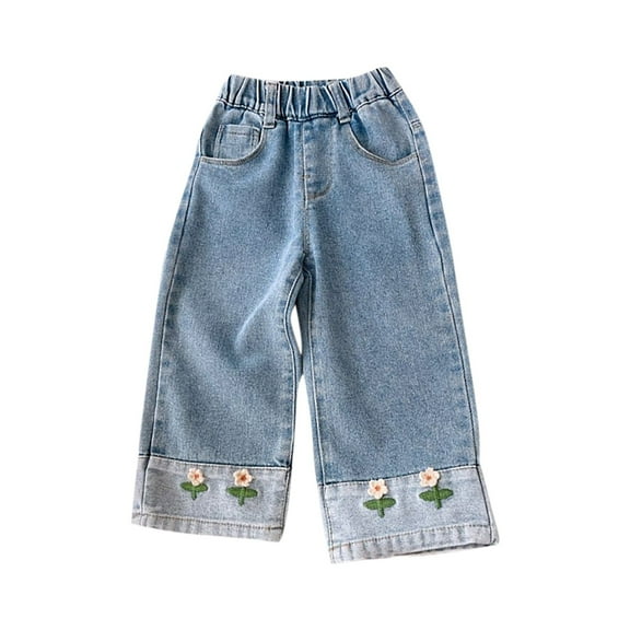 SHTXOZHI Toddler Baby Girls Jeans Kids Wide Leg Cute Denim Pants Elastic Waist Streetwear Trouser