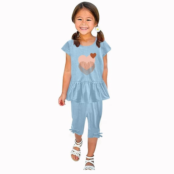 SHTXOZHI Toddler Kid Girls Clothes Summer Outfits Print Short Sleeve Crewneck Ruffle Tops Capri Pant 2 Pcs Set