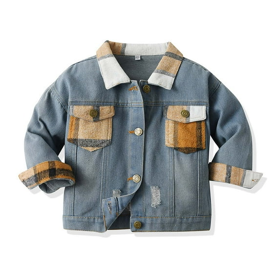 SHTXOZHI Toddler Kids Boys Girls Button Down Ripped Jean Jacket Plaid Long Sleeve Denim Jacket with Pockets