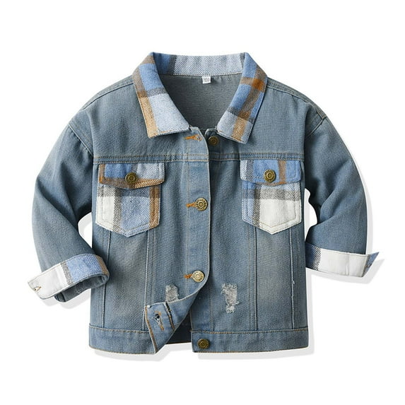 SHTXOZHI Toddler Kids Boys Girls Button Down Ripped Jean Jacket Plaid Long Sleeve Denim Jacket with Pockets