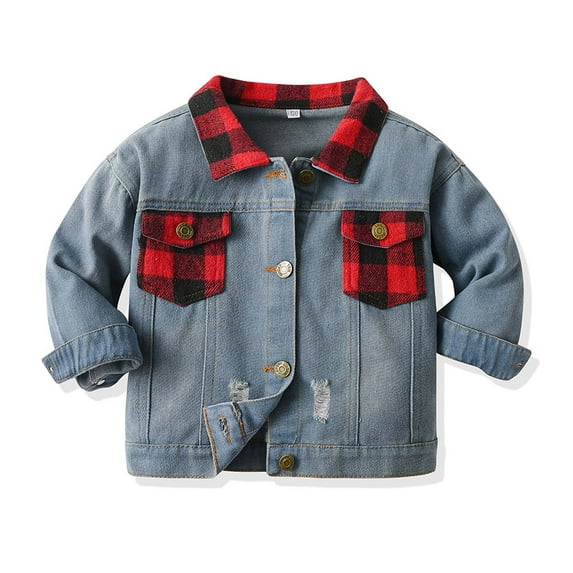 SHTXOZHI Toddler Kids Boys Girls Button Down Ripped Jean Jacket Plaid Long Sleeve Denim Jacket with Pockets