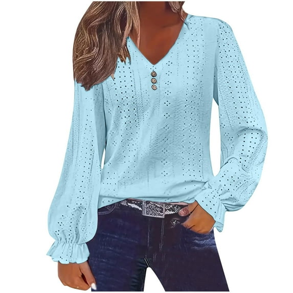 SHTXOZHI V Neck Blouses for Women Long Sleeve Solid Color Fall Shirt Hollow Out Fashion Tops 2024