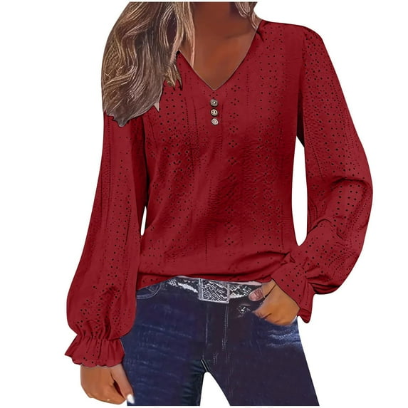 SHTXOZHI V Neck Blouses for Women Long Sleeve Solid Color Fall Shirt Hollow Out Fashion Tops 2024