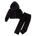 thumbnail image 1 of SHTXOZHI Velvet Outfits for Girls Cropped Long Sleeve Tops Matching Wide Leg Pants Shiny Loungewear 2 Piece Sets, 1 of 9