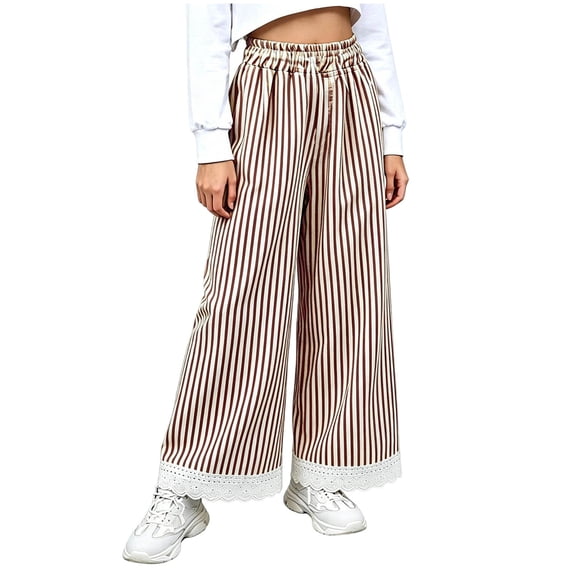 SHTXOZHI Wide Leg Striped Pants for Girls Lace Trim Elastic Waisted Pants Breathable Loose Beach Vacation Boho Bottoms