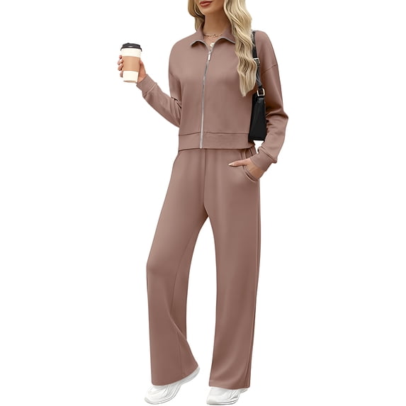 SHTXOZHI Women 2 Piece Outfits Travel Vacation Sweatsuits Zip Up Collared Tops Wide Leg Pants Lounge Set