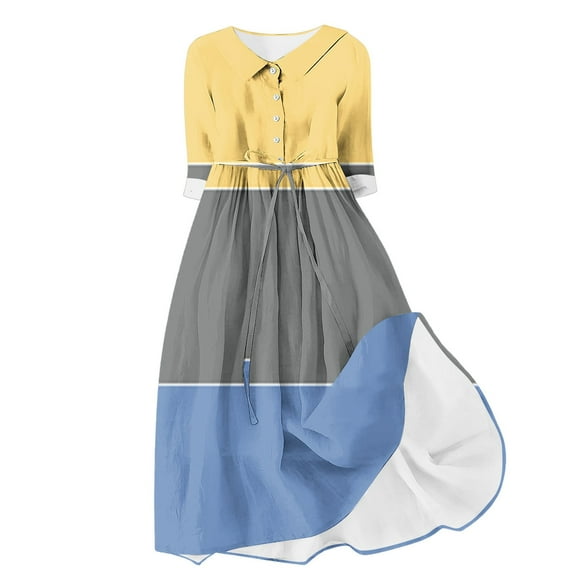 SHTXOZHI Women 3/4 Sleeve Button Down Summer Beach Dress Collared Lace-Up A-Line Casual Dress