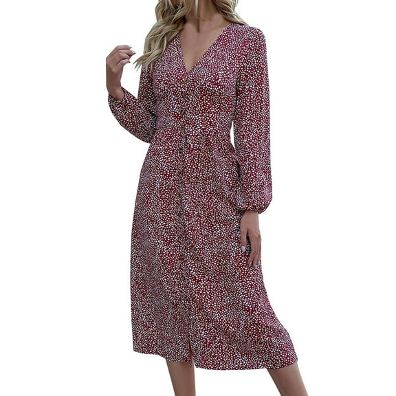 SHTXOZHI Women Button Down Long Sleeve Midi Dress V Neck Print Ruffle A-Line Dress with Slit