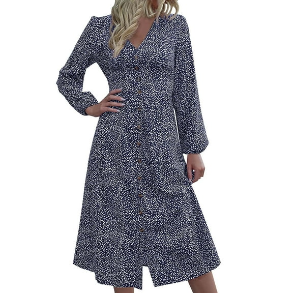 SHTXOZHI Women Button Down Long Sleeve Midi Dress V Neck Print Ruffle A-Line Dress with Slit