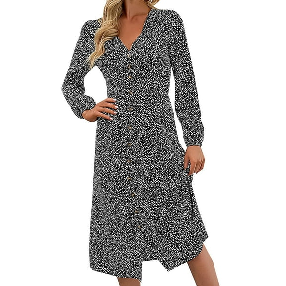SHTXOZHI Women Button Down Long Sleeve Midi Dress V Neck Print Ruffle A-Line Dress with Slit