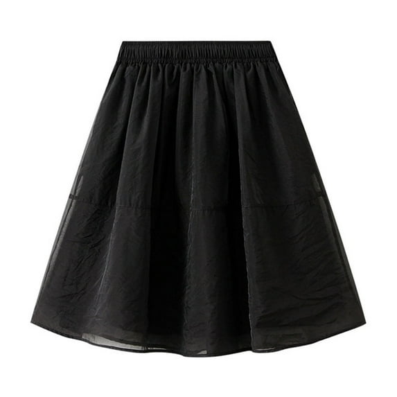 SHTXOZHI Women Casual Layered Tulle Skirt Elastic Waist Solid Color A-Line Ruffle Skirt