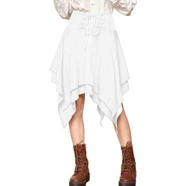 SHTXOZHI Women High Waisted Vintage Skirt Medieval A-Line Lace-Up Asymmetrical Pleated Skirt